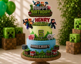 Pixel Block Inspired Cake Topper Set, Gaming Birthday Decorations