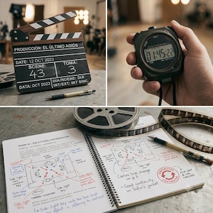 May include: A film production set featuring a black and wood film clapperboard labeled EL ÚLTIMO ADIÓS, a digital stopwatch displaying 01:45:22, and an open spiral-bound notebook containing detailed scene lighting diagrams and handwritten production notes.