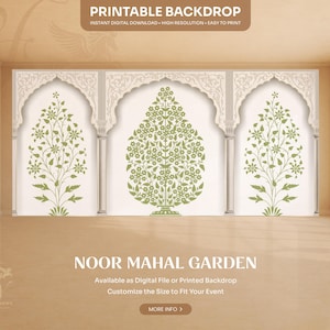 Könnte beinhalten: Ein druckbarer Hintergrund mit drei weißen Bogennischen mit komplizierten Schnitzereien. Jede Nische enthält eine grüne botanische Illustration eines blühenden Baumes. Der Text lautet PRINTABLE BACKDROP, NOOR MAHAL GARDEN, Available as Digital File or Printed Backdrop, Customize the Size to Fit Your Event und MORE INFO.
