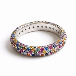 Rainbow Multi Gemstone Pave Full Eternity Band Ring,925 Sterling Silver Stackable Band Ring,