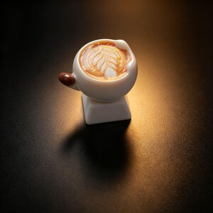May include: A white mechanical keyboard keycap shaped like a small coffee cup. The top of the cup features a detailed latte art design with white foam patterns on a brown coffee surface. The keycap has a small brown handle on the side.