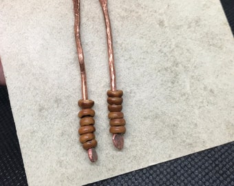 Real seed bead, hammered copper, dangle earrings
