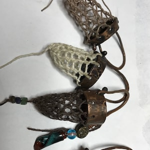 Crystal amulet pouch basket pendant, copper pipe jewelry, with waxed linen cord