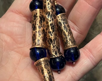 Hammered Copper Pendant Necklace, Royal Blue Glass Beads, Hair Weights