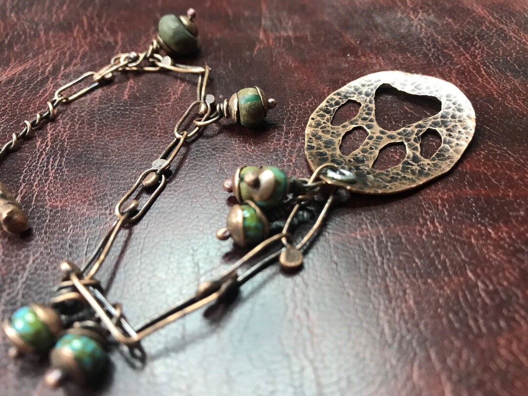 Paw Print Bracelet, Rustic Copper Bracelet, Green Bead Bracelet
