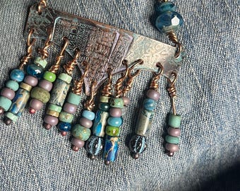 Fringe necklace in deep blues and greens, over copper,artisan handmade
