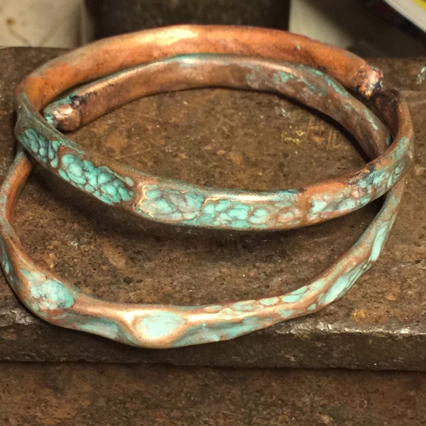 Handmade Patina hammered copper bangle bracelets,armlets, set of two, copper pipe jewelry, stacking bracelets, upper arm bracelets