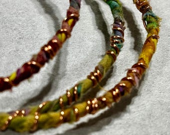 Wrapped bangle, in batik fabric, and copper, colorful bangles, set of 3