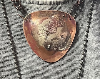 Tri shape, reticulated, 3d, artisan made, necklace with sterling on copper
