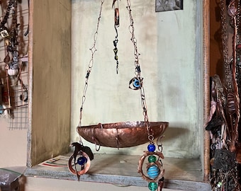 Handmade Hammered Copper Hanging Bowl: Rustic Altar Decor