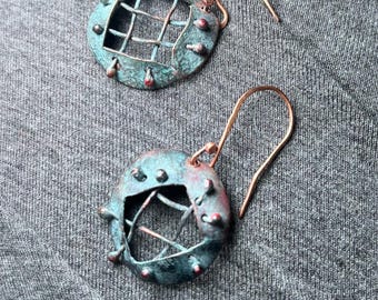 Industrial earrings, handmade rustic black and blue, artisan copper earrings