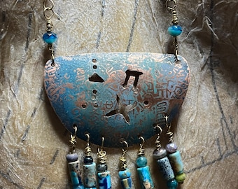 Pierced symbols and fringe, copper with patina blue, glass and stone beads, slip over long necklace, artisan handmade