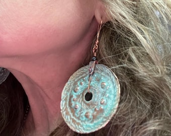 Verdigris copper hand stamped disc earrings.  Rustic, unique,designed artisan earrings