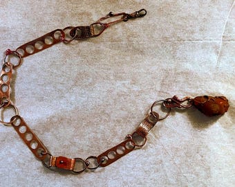 Handmade, artisan, unique, Copper Watch Chain, Amber agate Fob, Steampunk Wallet Chain
