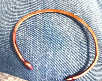small stacking, minimalist, flat vertical copper, cuff, with pointed ends