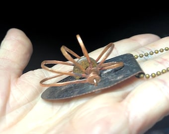Artisan Ammonite Pendant Necklace: Foldable Copper Cage, Upcycled Materials