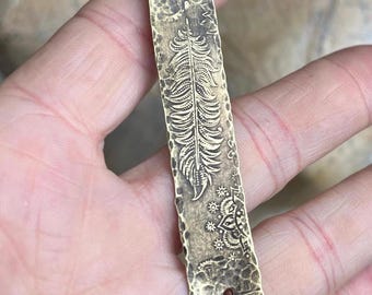 artisan, copper, or brass imprinted celestial imprinting, feather, Mandela,handmade slip over, long necklace