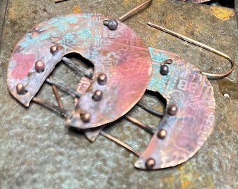 Verdigris Copper Disc Earrings: Rustic Collage Style, Sterling Silver Wires