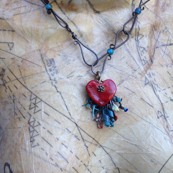 colorful handmade necklace, Torch fired enamel, flaming heart ceramic heart