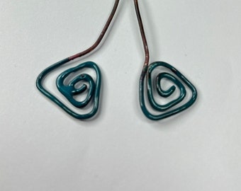 Handmade Copper Enamel Dangle Earrings: Blue Spiral Jewelry