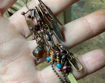Artisan Copper Dangle Earrings: Handmade Chain, Stone & Glass Beads