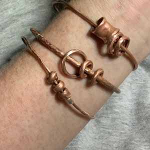 Copper handmade, bangle bracelets, set of three, handmade copper beads, differing sizes and shapes, donut beads