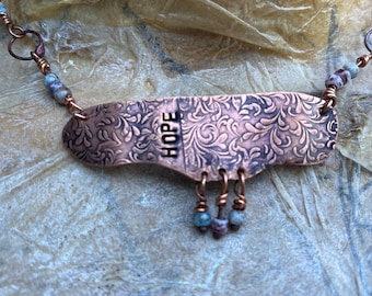 Artisan Copper Necklace: Hope, Picasso Beads, Rustic Boho Chain