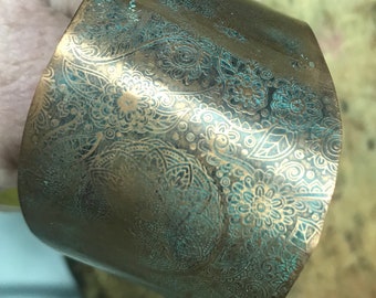Lacey mandala design, handmade copper,wide cuff, with curved shape, indigent design