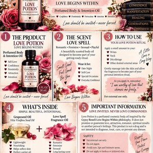 May include: A 30 ml bottle of Gypsy Renell Love Potion perfumed body and intention oil, featuring a black cap and white label with pink rose accents. The informational graphic details the product, scent profile, usage, ingredients, and safety.