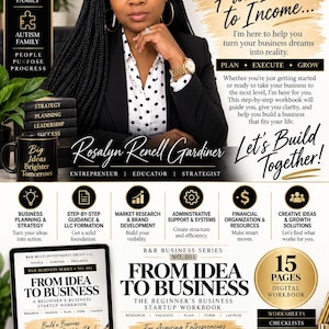 Pode incluir: Um folheto de marketing digital para a R&R Multi-Investments Group LLC com um caderno de exercícios intitulado From Idea to Business. O texto inclui From Ideas to Income, Let's Build Together e detalhes sobre um caderno digital de 15 páginas.