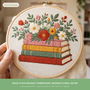 Modèle de bouquet vintage en empilement de livres (PDF), motif floral pour amoureux des livres, point de satin, guide DMC, 10 à 25 cm