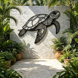 May include: A black metal wall art piece shaped like a sea turtle with intricate cut-out patterns on its shell and flippers. The turtle is depicted in a swimming motion, featuring a detailed head and textured scales, mounted on a light stone wall.