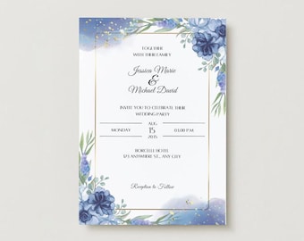 Blue Floral Wedding Invitation Template | Elegant Canva Design (Digital Download)