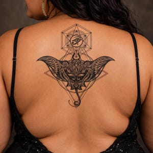 Könnte beinhalten: Ein temporäres Tattoo-Design in schwarzer Tinte auf der Haut, das einen zentralen Mantarochen mit komplizierten geometrischen Mustern zeigt, umgeben von feinen Linien und Formen, gekrönt von einem Sechseck mit einem Auge des Horus.