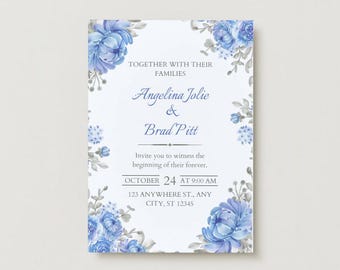 Blue Floral Wedding Invitation Template | Romantic Winter Invite (Digital Download)