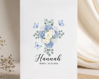 Tarjeta personalizada de anuncio de nacimiento, recuerdo de recién nacido con mariposas y flores, nombre y fecha personalizados, regalo para bebé.