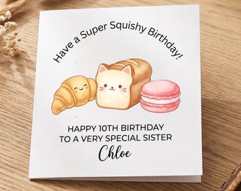 Tarjeta de cumpleaños personalizada para hermana de 10 años, tarjeta de cumpleaños con diseño de gato y pan, tarjeta de felicitación kawaii con nombre personalizado para niñas.