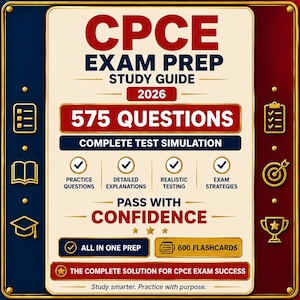 Pode incluir: Uma capa retangular de guia de estudo CPCE Exam Prep 2026 com 575 questões e simulação completa de teste. O design inclui ícones dourados, bordas vermelhas e azuis, e texto sobre questões práticas, explicações detalhadas e 600 flashcards.