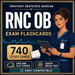 May include: Inpatient Obstetric Nursing RNC OB Exam Flashcards featuring 740 study cards, offline flip cards, and quick recall test functionality. The dark blue graphic includes a nurse holding a tablet, a heart rate monitor line, and text indicating Anki compatibility.