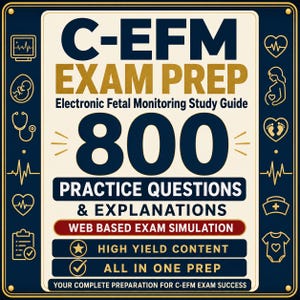 Peut inclure: Une couverture de guide d'étude rectangulaire intitulée C-EFM EXAM PREP Electronic Fetal Monitoring Study Guide 800 PRACTICE QUESTIONS & EXPLANATIONS. Elle présente un fond crème avec du texte bleu foncé, des icônes médicales et une bannière rouge.