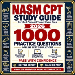 May include: A rectangular NASM CPT 2026 study guide featuring 1000 practice questions and offline test simulations. The design includes red and dark blue text on a cream background with gold borders and icons representing fitness and training.