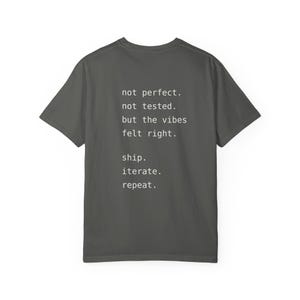 May include: A dark gray short-sleeved t-shirt featuring white text on the back that reads: not perfect. not tested. but the vibes felt right. ship. iterate. repeat. The shirt has a crew neckline and a standard fit with short sleeves.