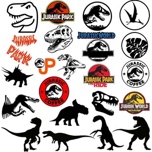 Könnte beinhalten: Eine Sammlung von schwarz-weißen und farbigen Aufklebern mit Dinosaurier-Motiven, die verschiedene Silhouetten, Skelettköpfe und Logos mit den Schriftzügen Jurassic Park, Jurassic World und Jurassic Coffee auf einem weißen Hintergrund zeigen.