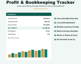 Etsy Seller Bookkeeping & Profit Tracker | Google Sheets Excel Spreadsheet | Auto Etsy Fee Calculator, Dashboard, Expense Log | Instant