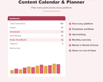 Content Calendar Spreadsheet | Google Sheets & Excel Social Media Planner | Post Scheduler, Idea Bank and Dashboard | Instant Download
