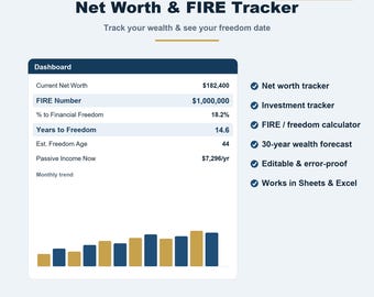 Net Worth Tracker & FIRE Calculator Spreadsheet | Google Sheets and Excel | Investment Tracker + Financial Freedom Forecast | Instant