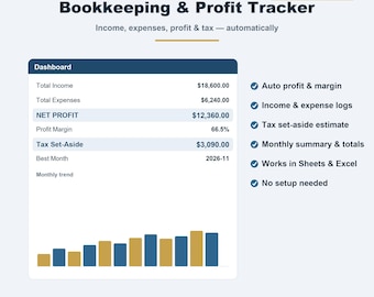 Small Business Bookkeeping Spreadsheet | Google Sheets & Excel Profit Tracker | Income, Expense and Tax Log + Dashboard | Instant Download