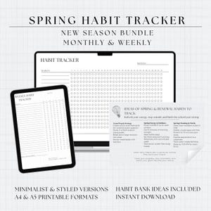 Peut inclure: Un ensemble de suivi d'habitudes numériques comprenant un suivi mensuel sur écran d'ordinateur, un suivi hebdomadaire sur tablette et une liste d'idées d'habitudes. Le texte affiche SPRING HABIT TRACKER, NEW SEASON BUNDLE, MONTHLY & WEEKLY et IDEAS OF SPRING & RENEWAL HABITS TO TRACK.