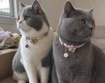 Floral Cat Collar with Natural Crystal Charm, Amethyst or Rose Quartz, Adjustable Kitten Collar