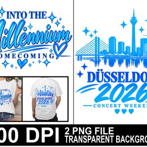 Puede incluir: Una camiseta blanca con diseños gráficos azules. El frente muestra el texto Into The Millennium Homecoming con una corona y estrellas. La parte posterior muestra un horizonte azul de Düsseldorf con el texto Düsseldorf 2026 Concert Weekend.